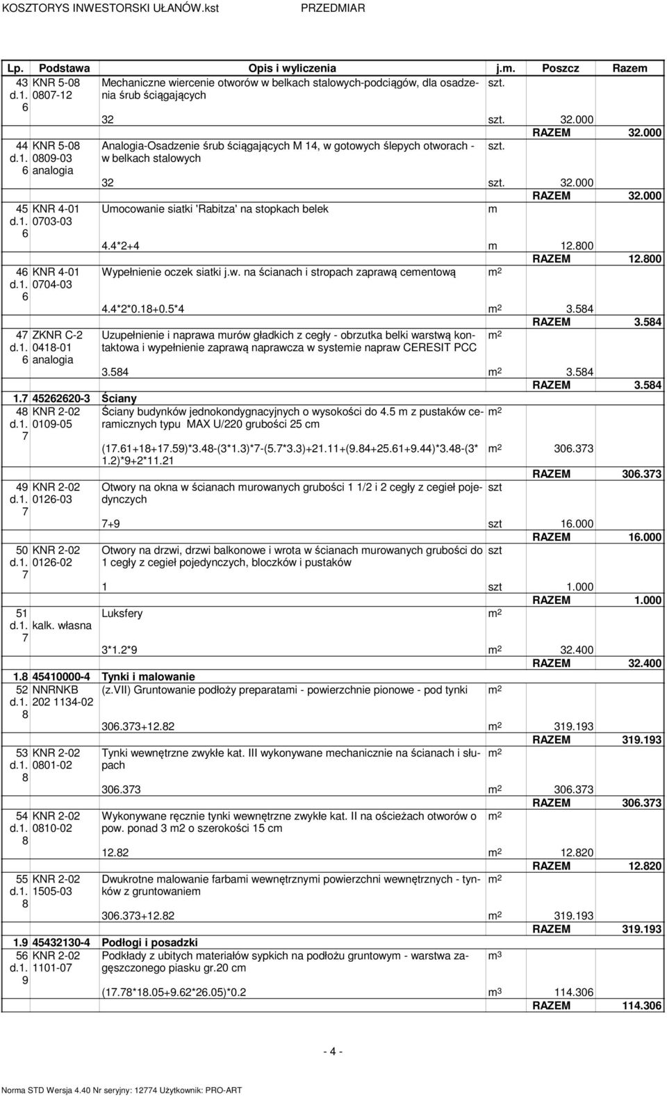 własna Analogia-Osadzenie śrub ściągających M, w gotowych ślepych otworach - w belkach stalowych szt. RAZEM.000 szt..000 RAZEM.000 Uocowanie siatki 'Rabitza' na stopkach belek.*+.00 RAZEM.00 Wypełnienie oczek siatki j.