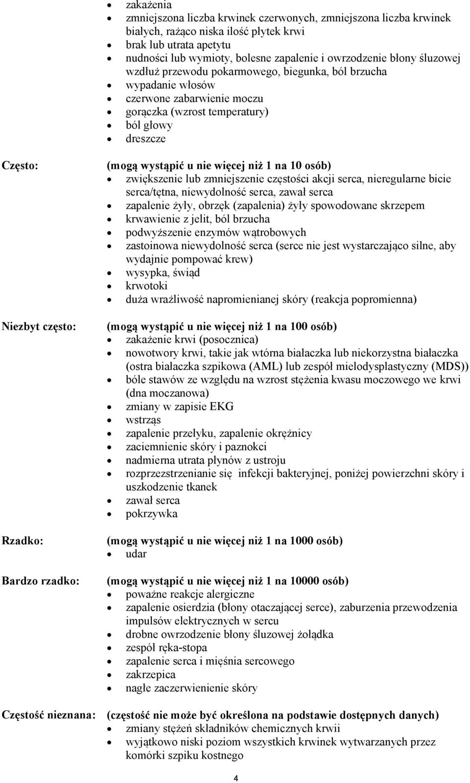 (mogą wystąpić u nie więcej niż 1 na 10 osób) zwiększenie lub zmniejszenie częstości akcji serca, nieregularne bicie serca/tętna, niewydolność serca, zawał serca zapalenie żyły, obrzęk (zapalenia)