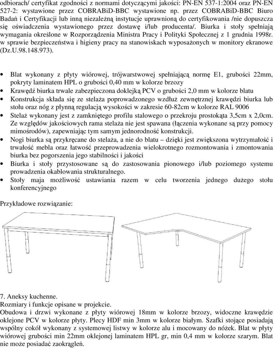 Biurka i stoły spełniają wymagania określone w Rozporządzenia Ministra Pracy i Polityki Społecznej z 1 grudnia 1998r.