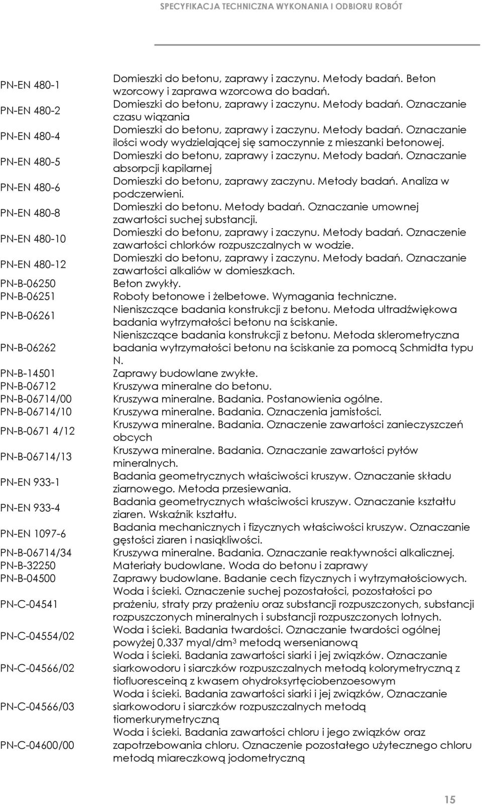 zaczynu. Metody badań. Beton wzorcowy i zaprawa wzorcowa do badań. Domieszki do, zaprawy i zaczynu. Metody badań. Oznaczanie czasu wiązania Domieszki do, zaprawy i zaczynu. Metody badań. Oznaczanie ilości wody wydzielającej się samoczynnie z mieszanki betonowej.