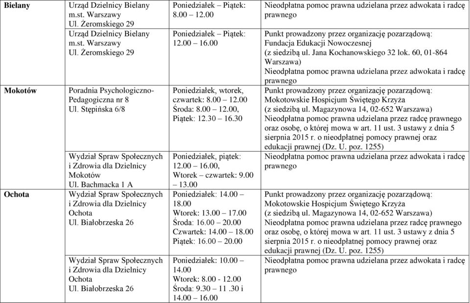 00 16.00, Wtorek czwartek: 9.00 13.00 Poniedziałek: 14.00 18.00 Wtorek: 13.00 17.00 Środa: 16.00 20.00 Czwartek: 14.00 18.00 Piątek: 16.00 20.00 Poniedziałek: 10.00 14.00 Wtorek: 8.00-12.00 Środa: 9.