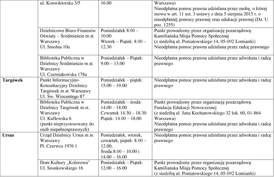 Poniatowskiego 14, 05-092 Łomianki) Nieodpłatna pomoc prawna udzielana przez radcę Targówek Ursus Biblioteka Publiczna w Dzielnicy Śródmieście m.st. Ul.