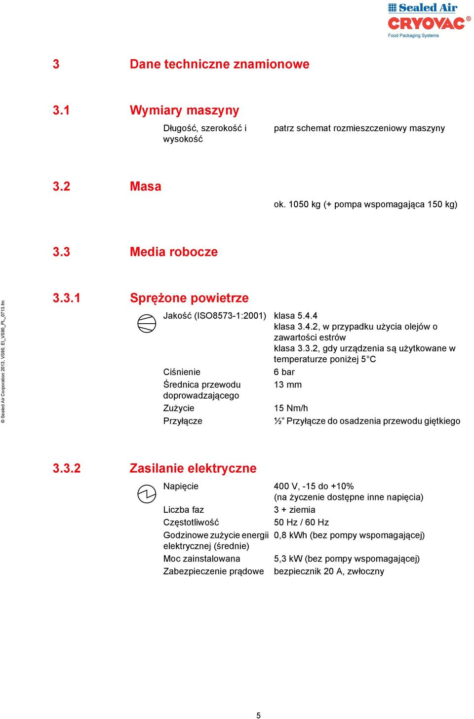 3.2 Zasilanie elektryczne Napięcie 400 V, -15 do +10% (na życzenie dostępne inne napięcia) Liczba faz 3 + ziemia Częstotliwość 50 Hz / 60 Hz Godzinowe zużycie energii 0,8 kwh (bez pompy