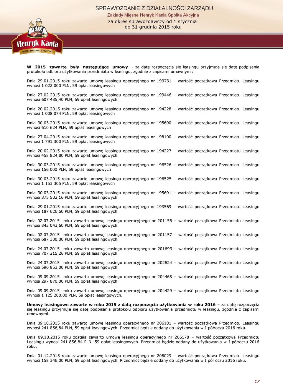 03.2015 roku zawarto umowę leasingu operacyjnego nr 195690 wartość początkowa Przedmiotu Leasingu wynosi 610 624 PLN, 59 opłat leasingowych Dnia 27.04.