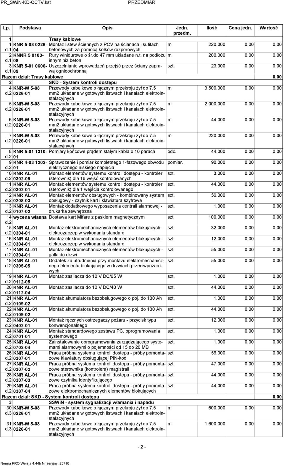 00 2 SKD - System kontroli dostępu 4 KNR-W 5-08 mm2 układane w gotowych listwach i kanałach elektroin- m 3 500.000 0.00 0.00 5 KNR-W 5-08 6 KNR-W 5-08 7 KNR-W 5-08 m 2 000.000 0.00 0.00 m 44.000 0.00 0.00 m 220.