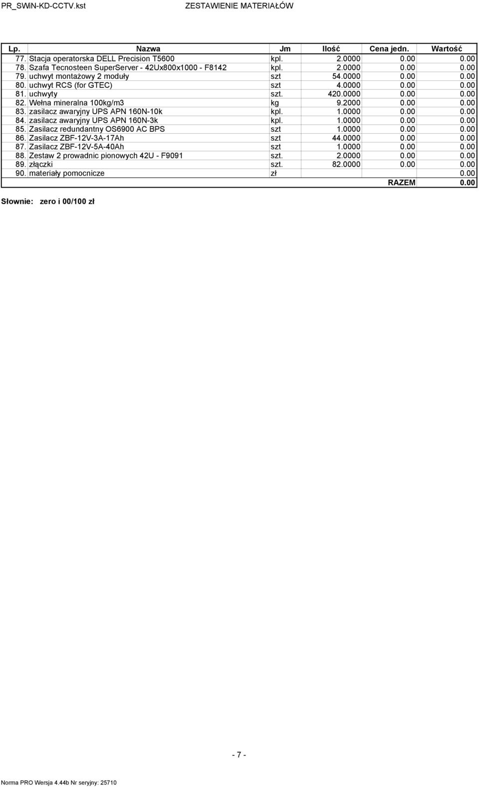 zasilacz awaryjny UPS APN 160N-10k kpl. 1.0000 0.00 0.00 84. zasilacz awaryjny UPS APN 160N-3k kpl. 1.0000 0.00 0.00 85. Zasilacz redundantny OS6900 AC BPS szt 1.0000 0.00 0.00 86.