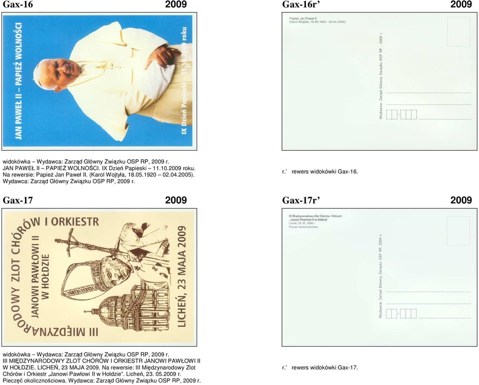 Gax-17 2009 Gax-17r 2009 widokówka Wydawca: Zarząd Główny Związku OSP RP, 2009 r. III MIĘDZYNARODOWY ZLOT CHÓRÓW I ORKIESTR JANOWI PAWŁOWI II W HOŁDZIE.