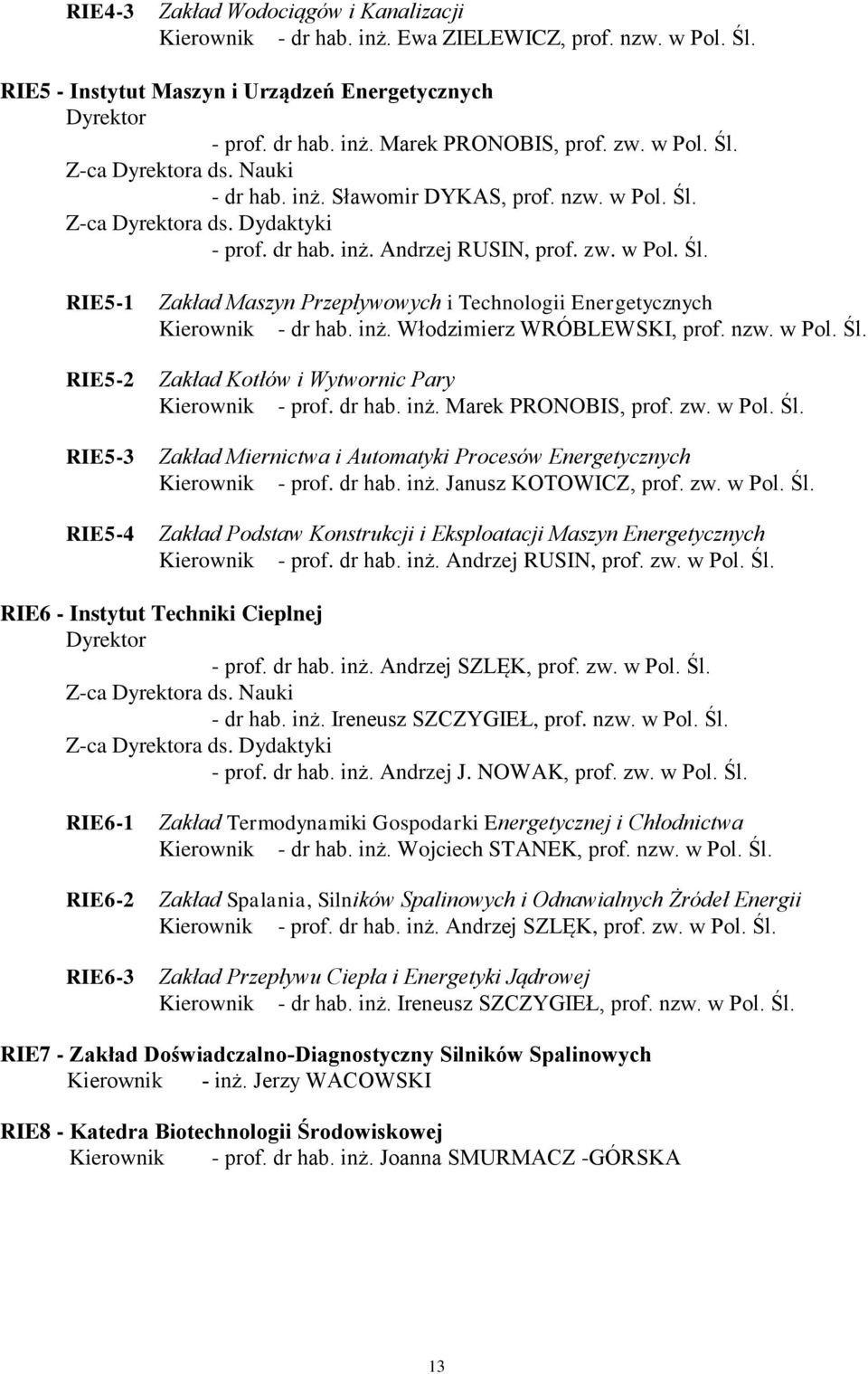 inż. Włodzimierz WRÓBLEWSKI, prof. nzw. w Pol. Śl. Zakład Kotłów i Wytwornic Pary Kierownik - prof. dr hab. inż. Marek PRONOBIS, prof. zw. w Pol. Śl. Zakład Miernictwa i Automatyki Procesów Energetycznych Kierownik - prof.