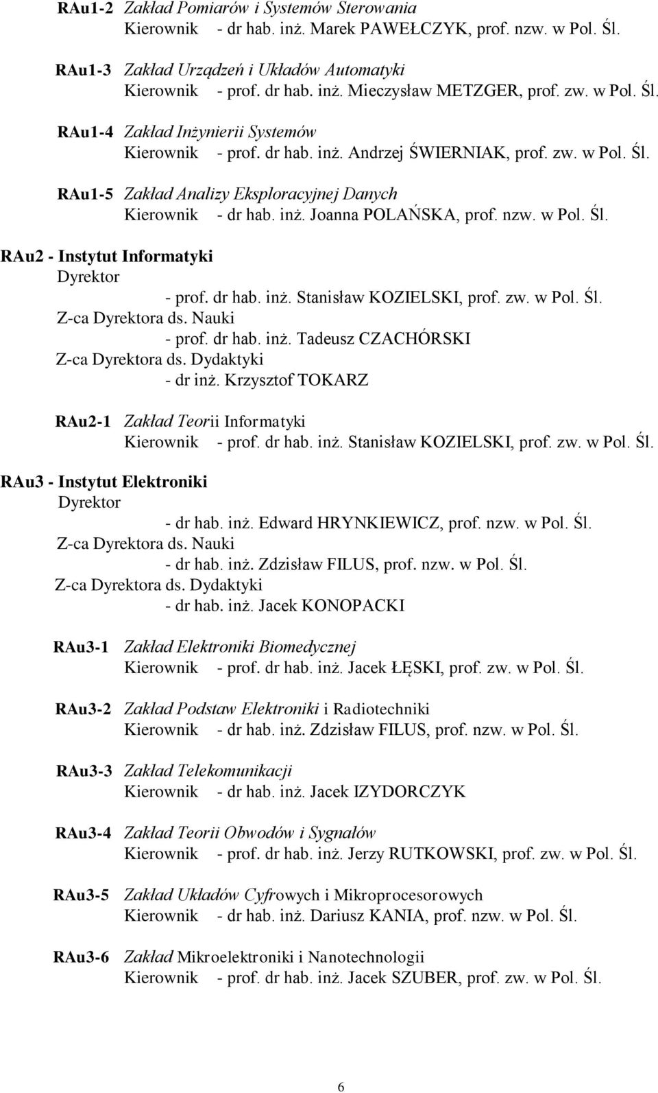 nzw. w Pol. Śl. RAu2 - Instytut Informatyki Dyrektor - prof. dr hab. inż. Stanisław KOZIELSKI, prof. zw. w Pol. Śl. Z-ca Dyrektora ds. Nauki - prof. dr hab. inż. Tadeusz CZACHÓRSKI Z-ca Dyrektora ds.