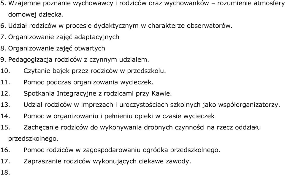 Pomoc podczas organizowania wycieczek. 12. Spotkania Integracyjne z rodzicami przy Kawie. 13. Udział rodziców w imprezach i uroczystościach szkolnych jako współorganizatorzy. 14.