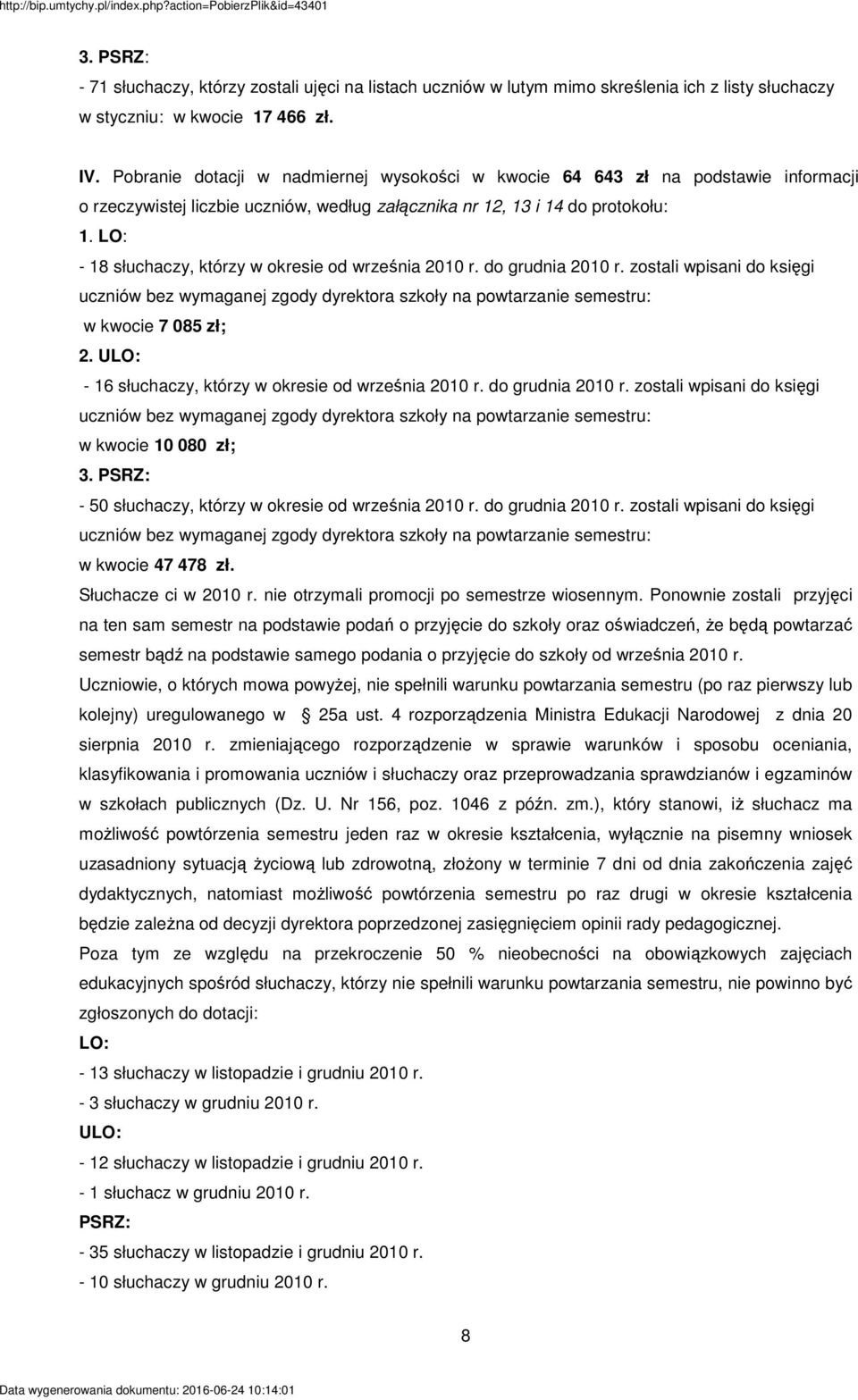 LO: - 18 słuchaczy, którzy w okresie od września 2010 r. do grudnia 2010 r. zostali wpisani do księgi uczniów bez wymaganej zgody dyrektora szkoły na powtarzanie semestru: w kwocie 7 085 zł; 2.