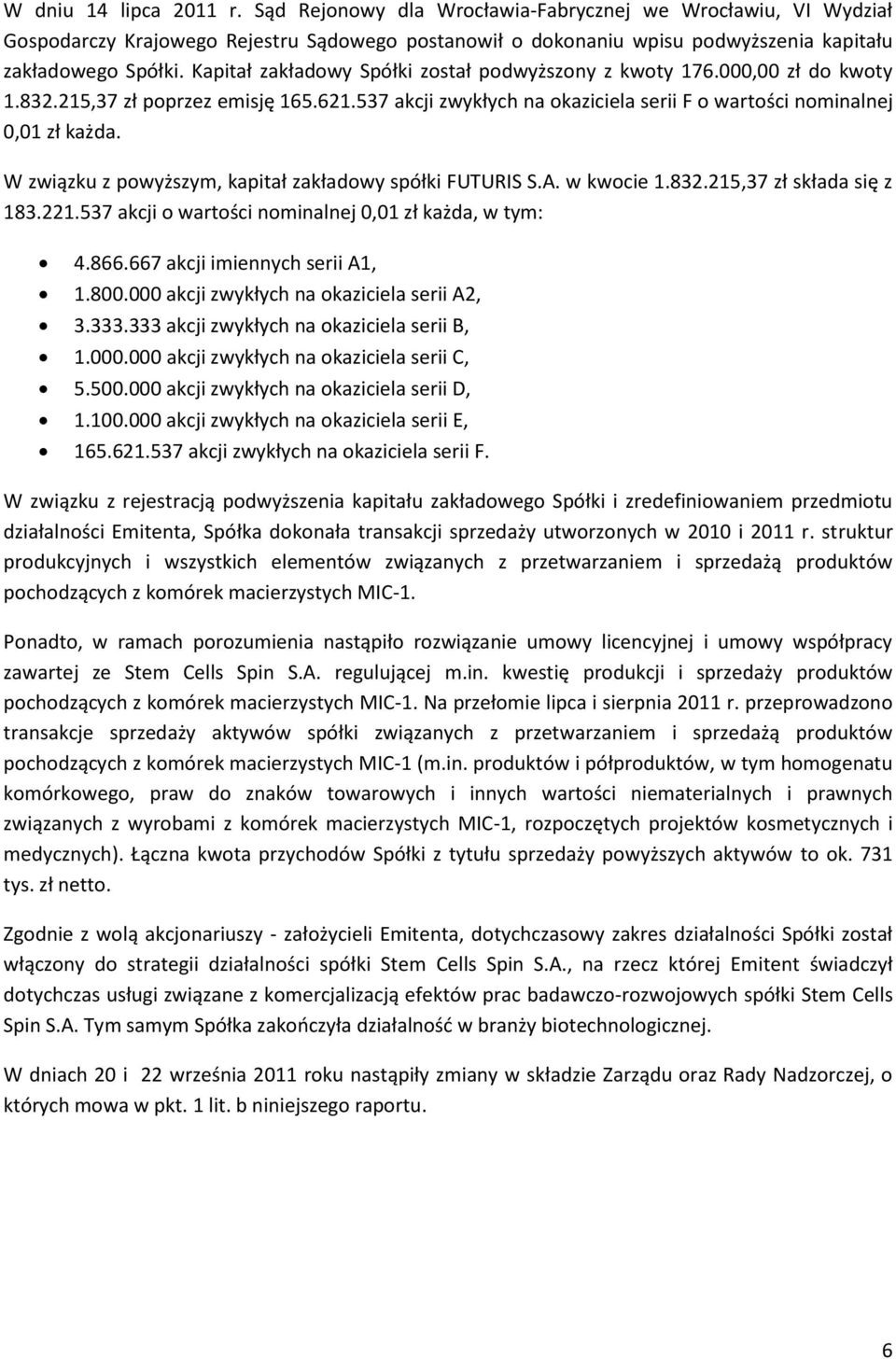 W związku z powyższym, kapitał zakładowy spółki FUTURIS S.A. w kwocie 1.832.215,37 zł składa się z 183.221.537 akcji o wartości nominalnej 0,01 zł każda, w tym: 4.866.667 akcji imiennych serii A1, 1.