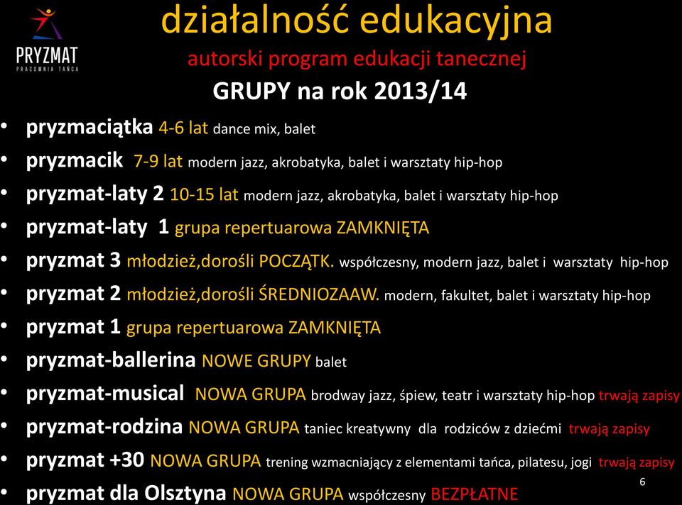 współczesny, modern jazz, balet i warsztaty hip-hop pryzmat 2 młodzież,dorośli ŚREDNIOZAAW.