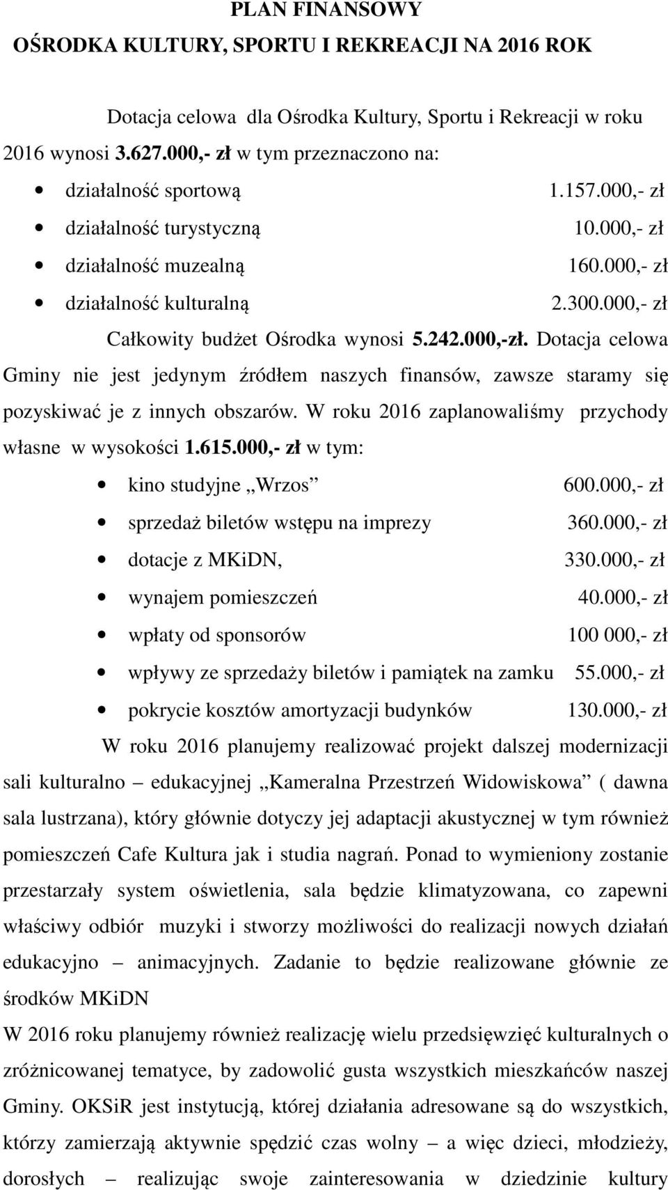 Dotacja celowa Gminy nie jest jedynym źródłem naszych finansów, zawsze staramy się pozyskiwać je z innych obszarów. W roku 2016 zaplanowaliśmy przychody własne w wysokości 1.615.