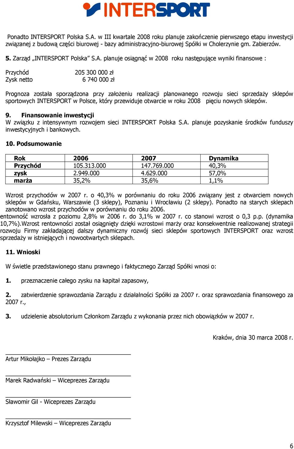 planuje osiągnąć w 2008 roku następujące wyniki finansowe : Przychód Zysk netto 205 300 000 zł 6 740 000 zł Prognoza została sporządzona przy założeniu realizacji planowanego rozwoju sieci sprzedaży