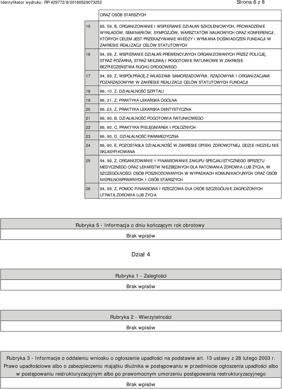 POGOTOWIE RATUNKOWE W ZAKRESIE BEZPIECZEŃSTWA RUCHU DROGOWEGO 17 94, 99, Z, WSPÓŁPRACĘ Z WŁADZAMI SAMORZĄDOWYMI, RZĄDOWYMI I ORGANIZACJAMI POZARZĄDOWYMI W ZAKRESIE REALIZACJI CELÓW STATUTOWYCH