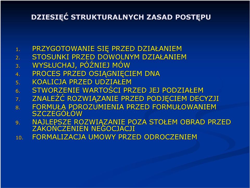 KOALICJA PRZED UDZIAŁEM 6. STWORZENIE WARTOŚCI PRZED JEJ PODZIAŁEM 7. ZNALEŹĆ ROZWIĄZANIE ZANIE PRZED PODJĘCIEM DECYZJI 8.