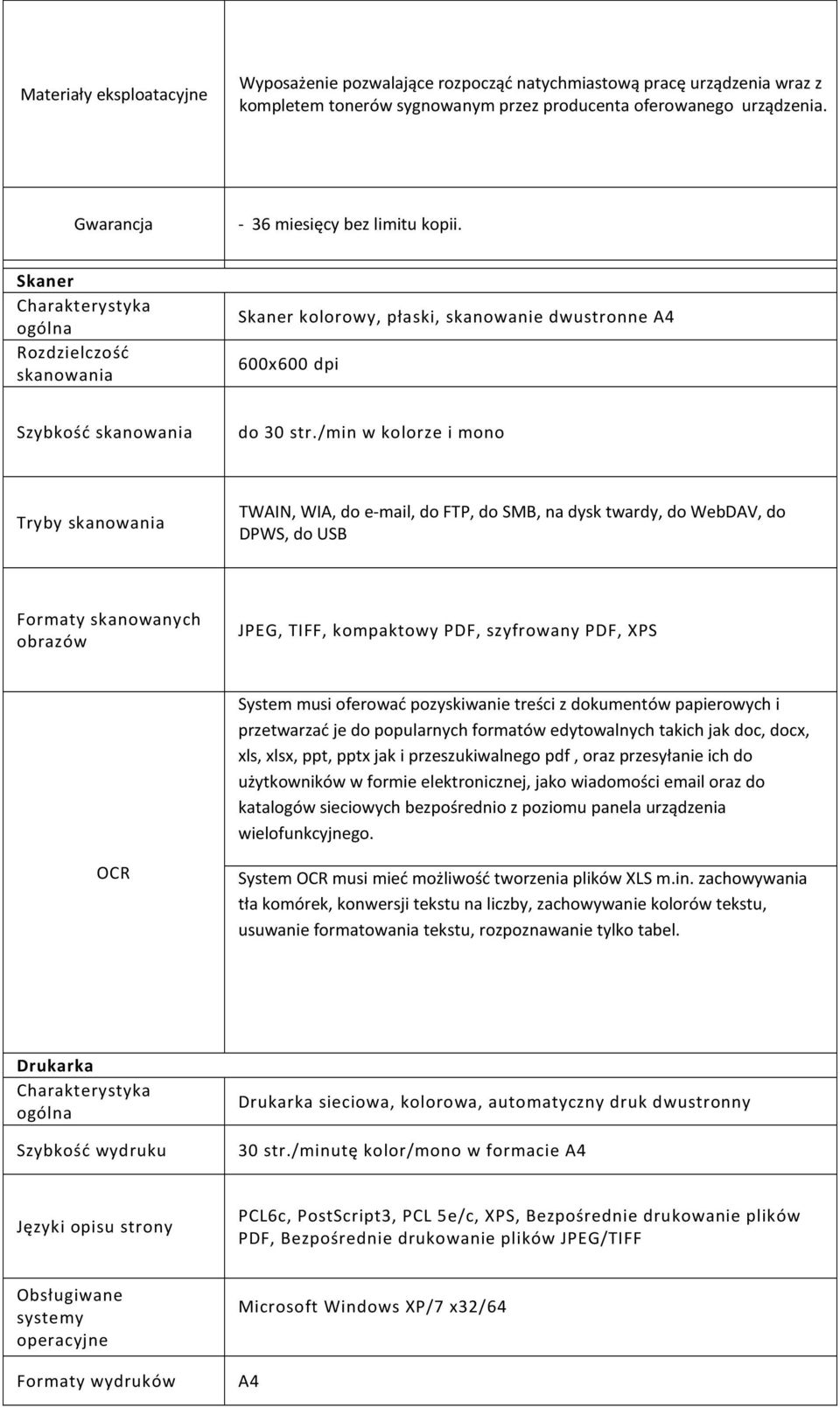 /min w kolorze i mono Tryby skanowania TWAIN, WIA, do e-mail, do FTP, do SMB, na dysk twardy, do WebDAV, do DPWS, do USB Formaty skanowanych obrazów JPEG, TIFF, kompaktowy PDF, szyfrowany PDF, XPS