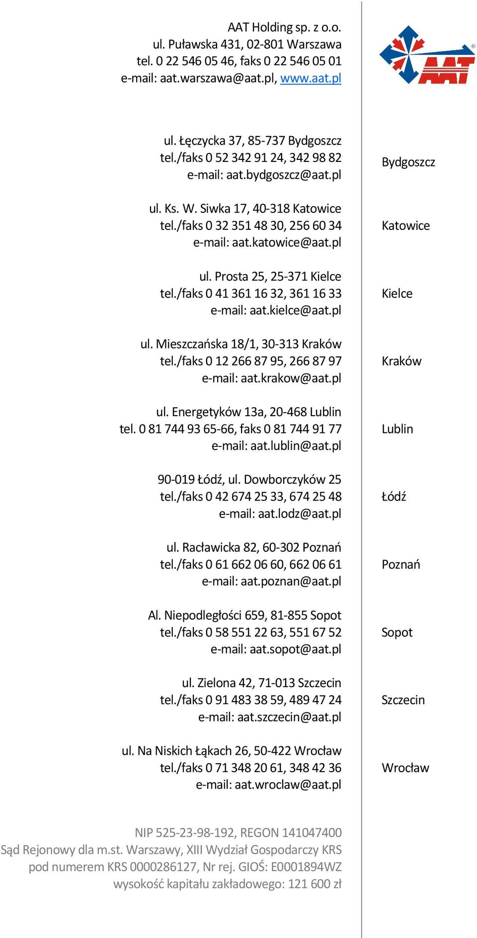 /faks 0 41 361 16 32, 361 16 33 e-mail: aat.kielce@aat.pl ul. Mieszczańska 18/1, 30-313 Kraków tel./faks 0 12 266 87 95, 266 87 97 e-mail: aat.krakow@aat.pl ul. Energetyków 13a, 20-468 Lublin tel.