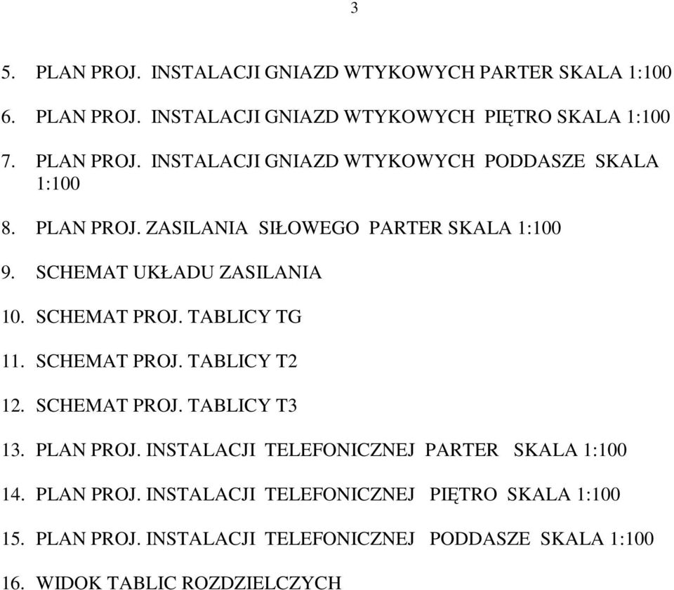 SCHEMAT PROJ. TABLICY T3 13. PLAN PROJ. INSTALACJI TELEFONICZNEJ PARTER SKALA 1:100 14. PLAN PROJ. INSTALACJI TELEFONICZNEJ PIĘTRO SKALA 1:100 15.