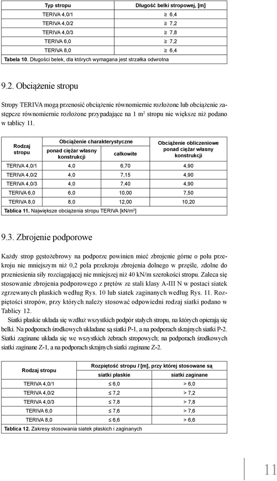 Rodzaj stropu Obciążenie charakterystyczne ponad ciężar własny konstrukcji całkowite Obciążenie obliczeniowe ponad ciężar własny konstrukcji TERIVA 4,0/1 4,0 6,70 4,90 TERIVA 4,0/2 4,0 7,15 4,90