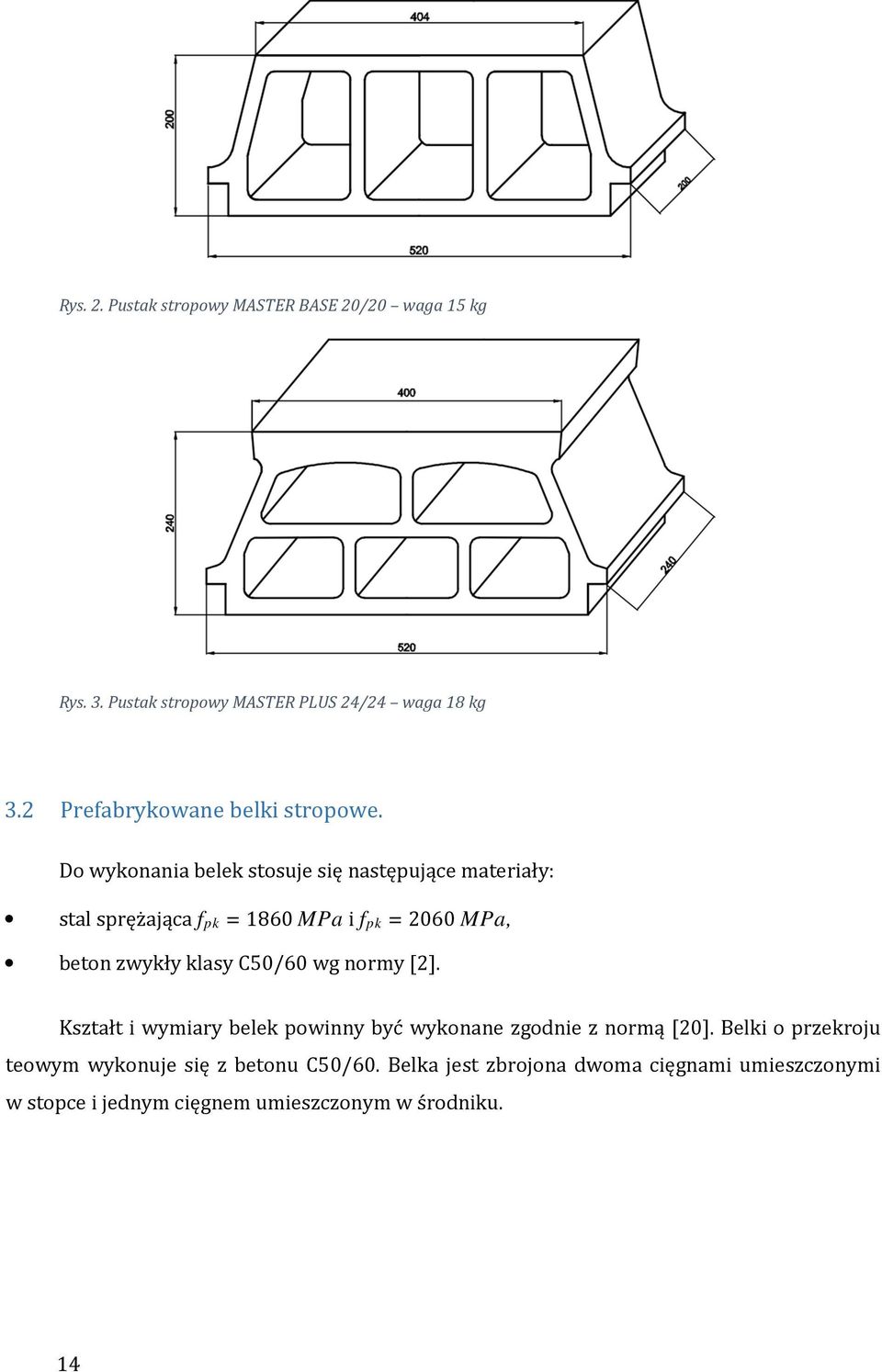 Do wykonania belek stosuje się następujące materiały: stal sprężająca f pk = 1860 MPa i f pk = 2060 MPa, beton zwykły klasy