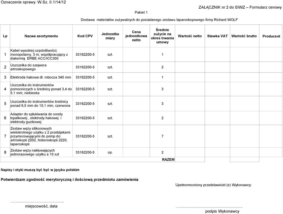 2 artroskopowego 3 Elektroda hakowa dł. robocza 340 mm 33162200-5 szt. 1 Uszczelka do instrumentów 4 pomocniczych o średnicy ponad 3,4 do 33162200-5 szt.