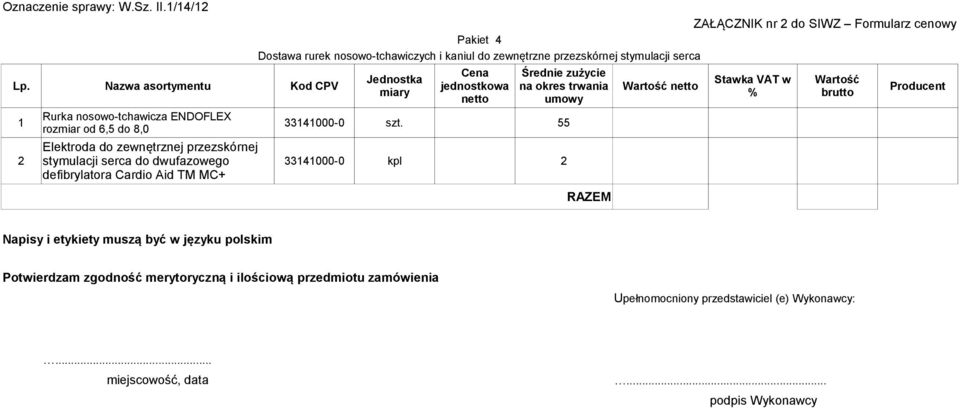 netto umowy Producent 1 Rurka nosowo-tchawicza ENDOFLEX rozmiar od 6,5 do 8,0 33141000-0 szt.