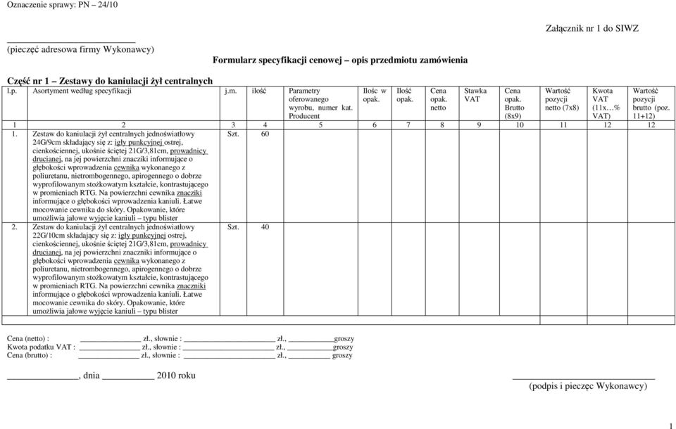 informujące o głębokości wprowadzenia cewnika wykonanego z poliuretanu, nietrombogennego, apirogennego o dobrze wyprofilowanym stożkowatym kształcie, kontrastującego w promieniach RTG.