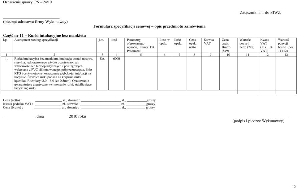 poślizgowych, wykonana z PVC silikonowanego, półprzezroczysta, linie RTG i centymetrowe, oznaczenie głębokości intubacji na korpusie.