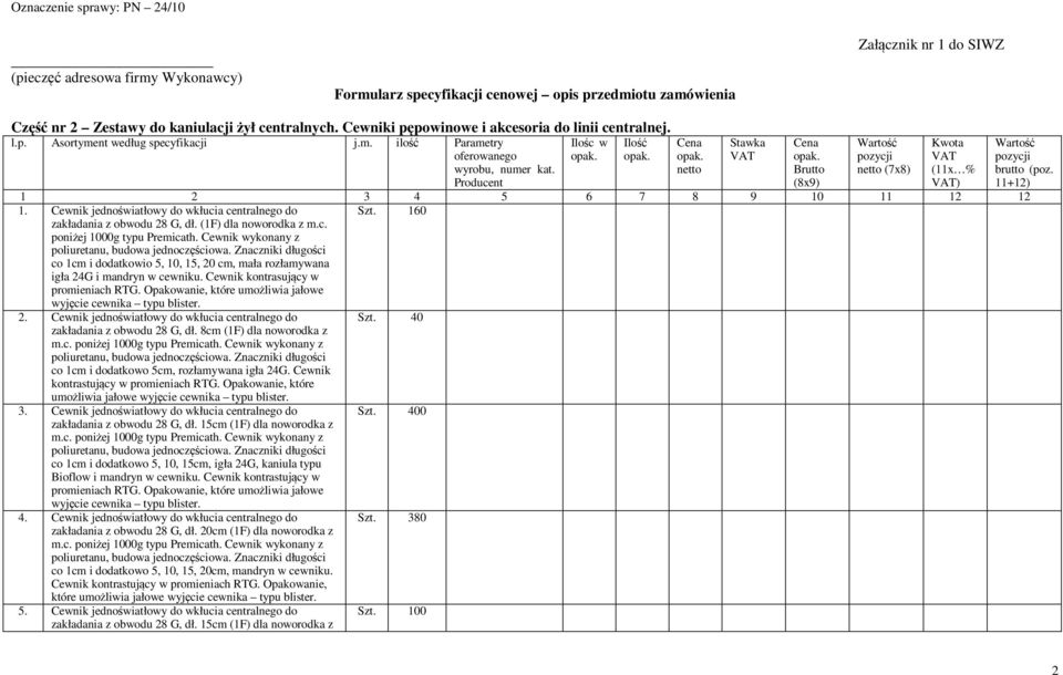 Znaczniki długości co 1cm i dodatkowio 5, 10, 15, 20 cm, mała rozłamywana igła 24G i mandryn w cewniku. Cewnik kontrasujący w promieniach RTG.