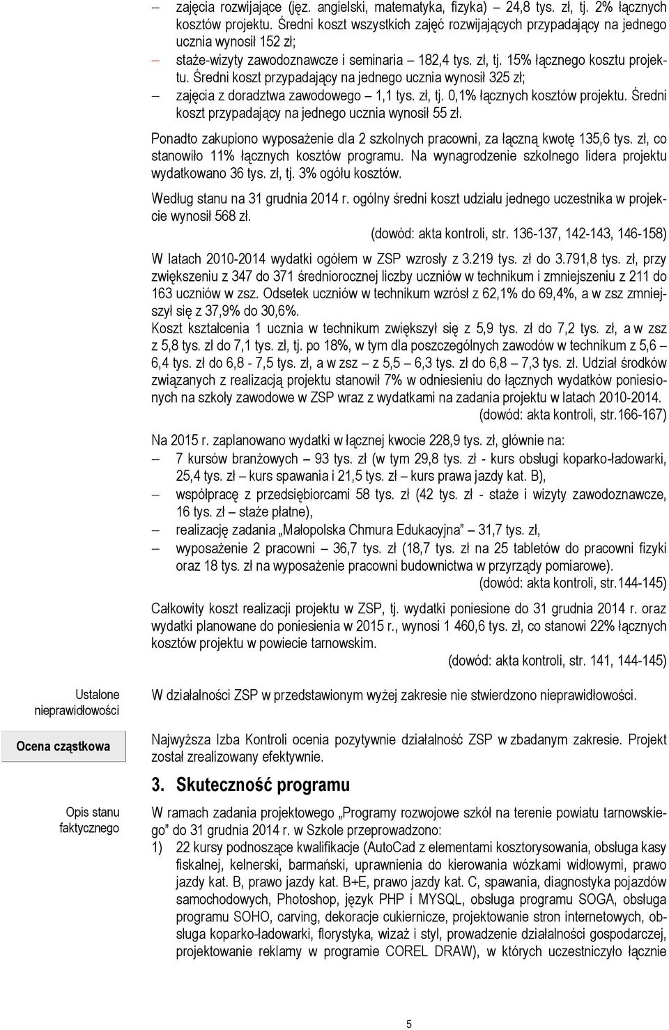 Średni koszt przypadający na jednego ucznia wynosił 325 zł; zajęcia z doradztwa zawodowego 1,1 tys. zł, tj. 0,1% łącznych kosztów projektu. Średni koszt przypadający na jednego ucznia wynosił 55 zł.