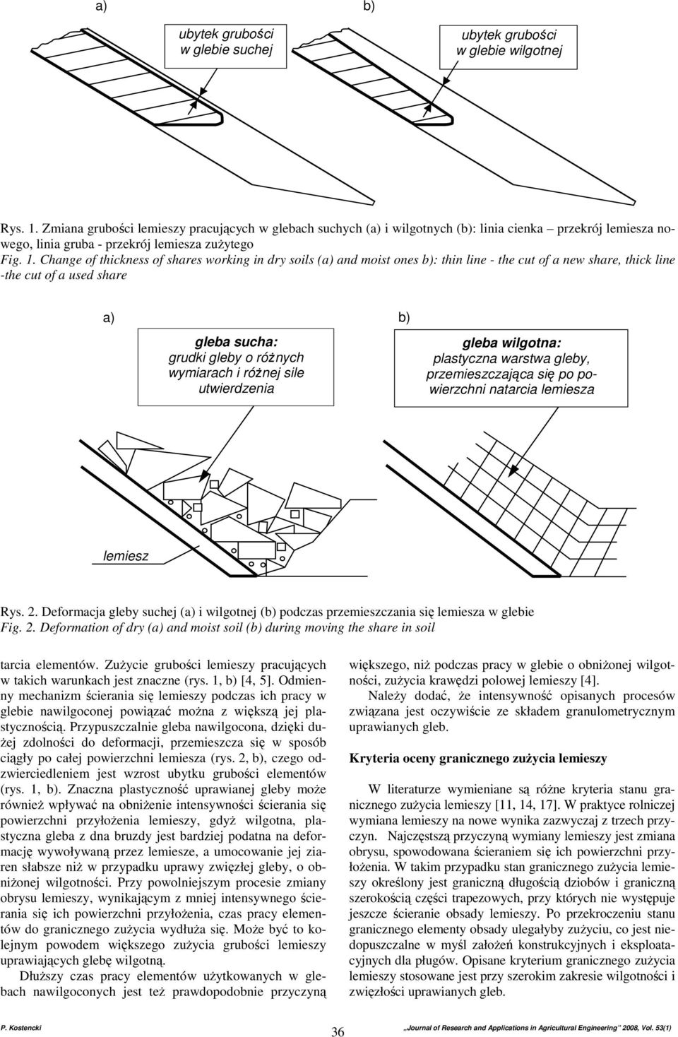 Change of thickness of shares working in dry soils (a) and moist ones b): thin line - the cut of a new share, thick line -the cut of a used share a) gleba sucha: grudki gleby o róŝnych wymiarach i