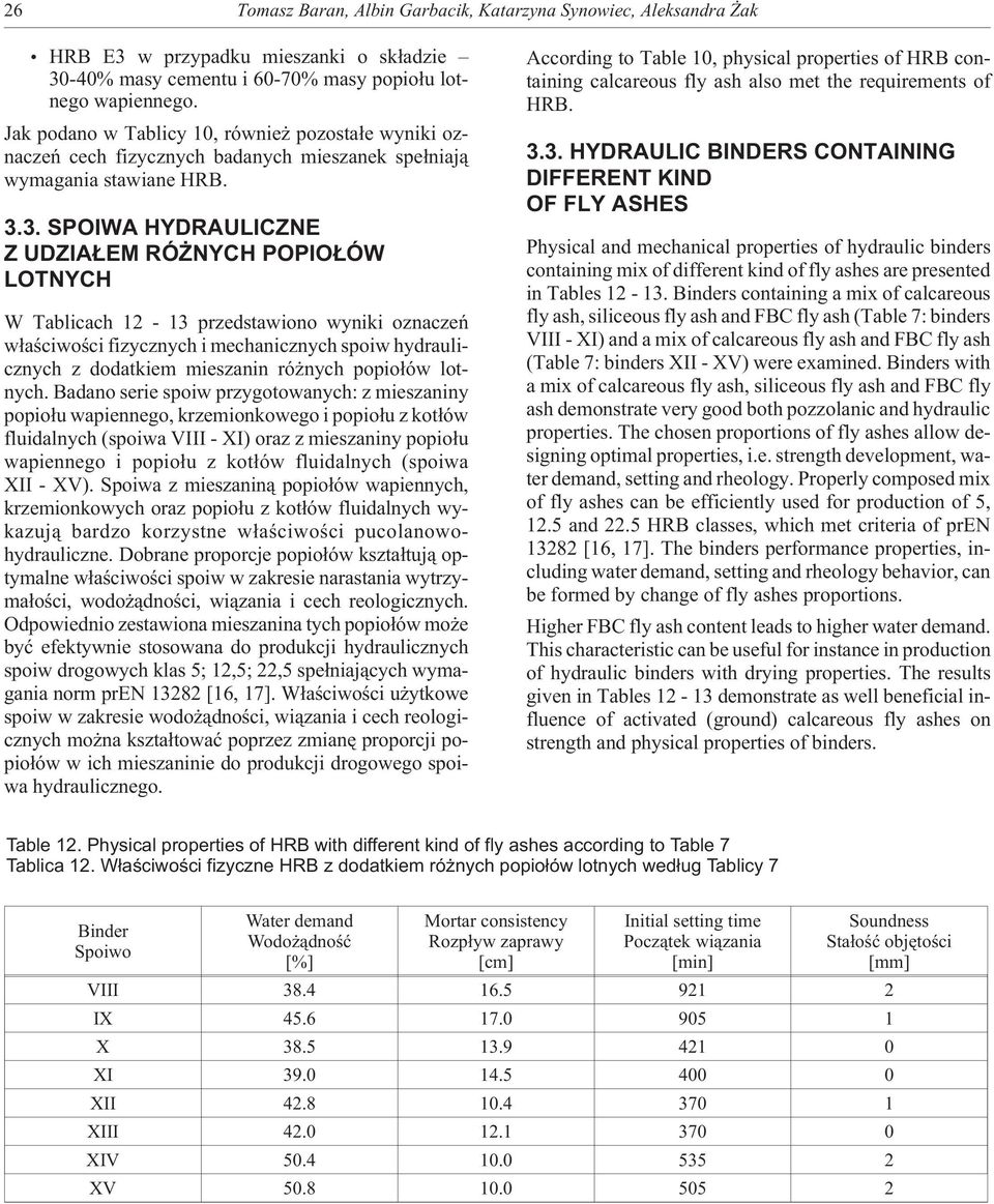 3. SPOIWA HYDRAULICZNE Z UDZIA EM RÓ NYCH POPIO ÓW LOTNYCH W Tablicach 12-13 przedstawiono wyniki oznaczeñ w³aœciwoœci fizycznych i mechanicznych spoiw hydraulicznych z dodatkiem mieszanin ró nych