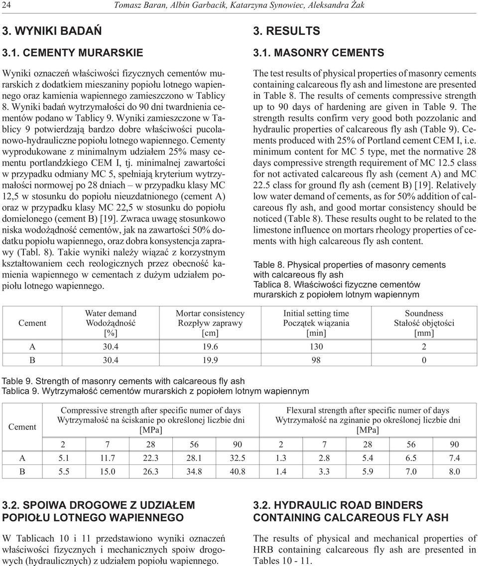 Wyniki badañ wytrzyma³oœci do 90 dni twardnienia cementów podano w Tablicy 9. Wyniki zamieszczone w Tablicy 9 potwierdzaj¹ bardzo dobre w³aœciwoœci pucolanowo-hydrauliczne popio³u lotnego wapiennego.