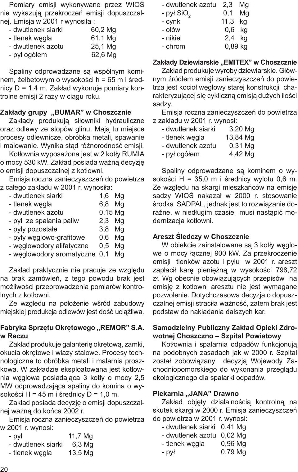 średnicy D = 1,4 m. Zakład wykonuje pomiary kontrolne emisji 2 razy w ciągu roku. Zakłady grupy BUMAR w Choszcznie Zakłady produkują siłowniki hydrauliczne oraz odlewy ze stopów glinu.