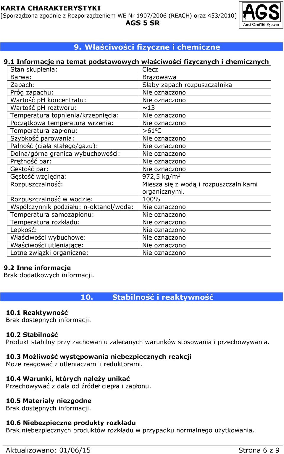 roztworu: ~13 Temperatura topnienia/krzepnięcia: Początkowa temperatura wrzenia: Temperatura zapłonu: >61 o C Szybkość parowania: Palność (ciała stałego/gazu): Dolna/górna granica wybuchowości: