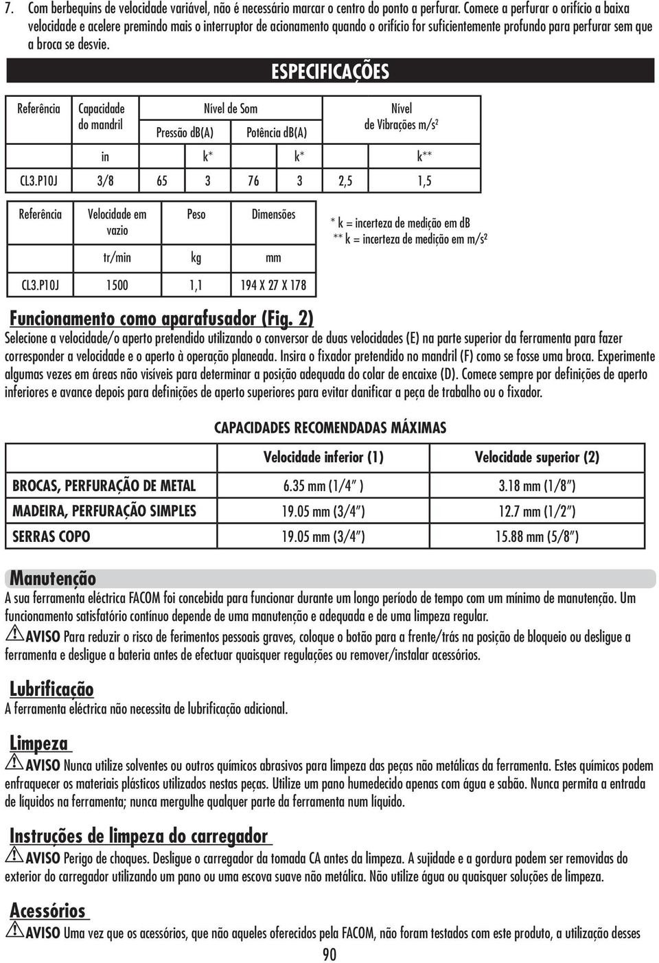 Referência Capacidade do mandril Pressão db(a) Nível de Som ESPECIFICAÇÕES Potência db(a) Nível de Vibrações m/s 2 in k* k* k** CL3.