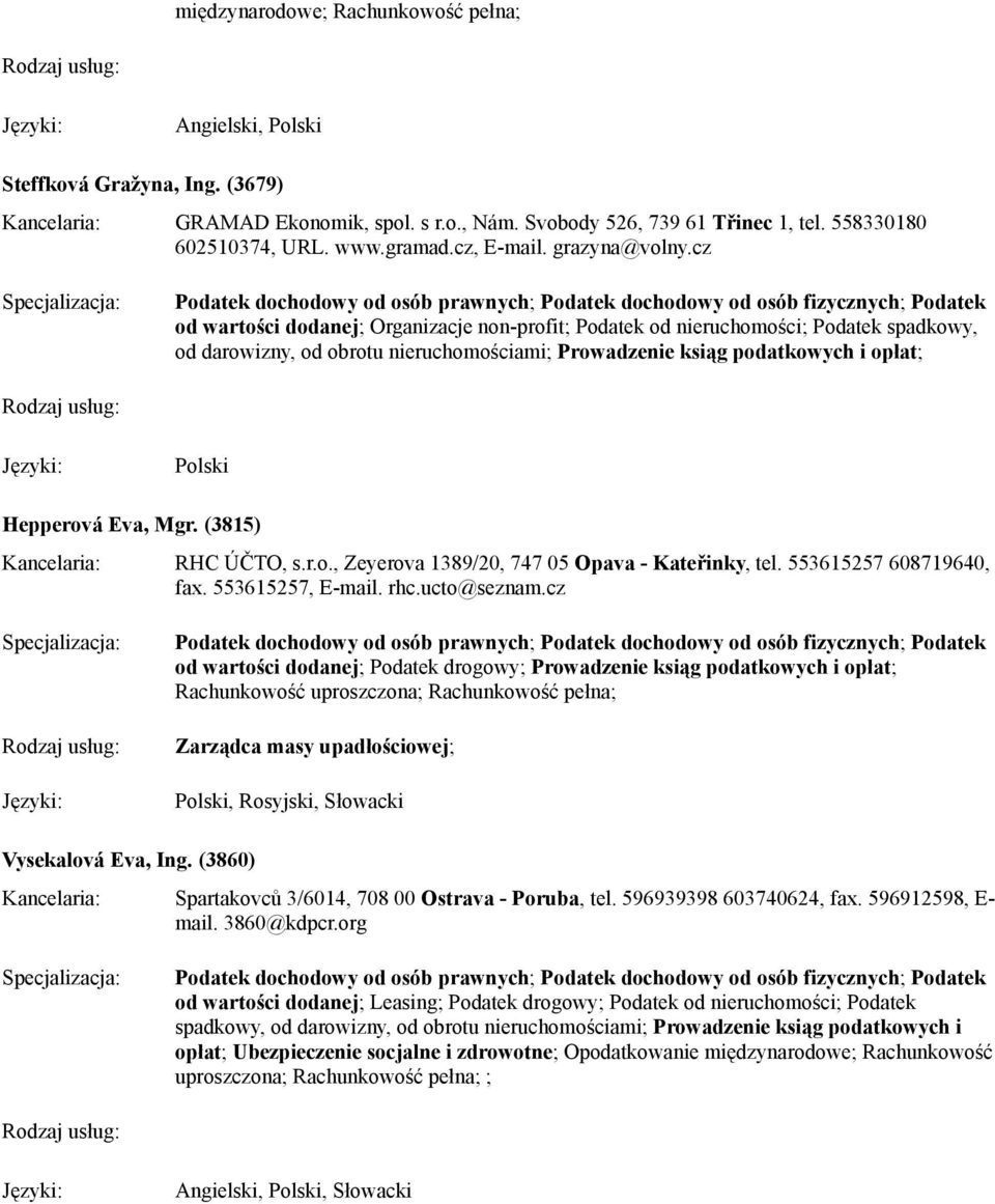 cz od wartości dodanej; Organizacje non-profit; Podatek od nieruchomości; Podatek spadkowy, od darowizny, od obrotu nieruchomościami; Prowadzenie ksiąg podatkowych i opłat; Hepperová Eva, Mgr.