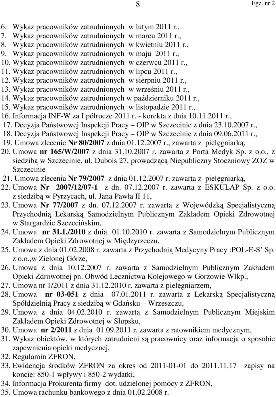 Wykaz pracowników zatrudnionych w sierpniu 2011 r., 13. Wykaz pracowników zatrudnionych w wrześniu 2011 r., 14. Wykaz pracowników zatrudnionych w październiku 2011 r., 15.