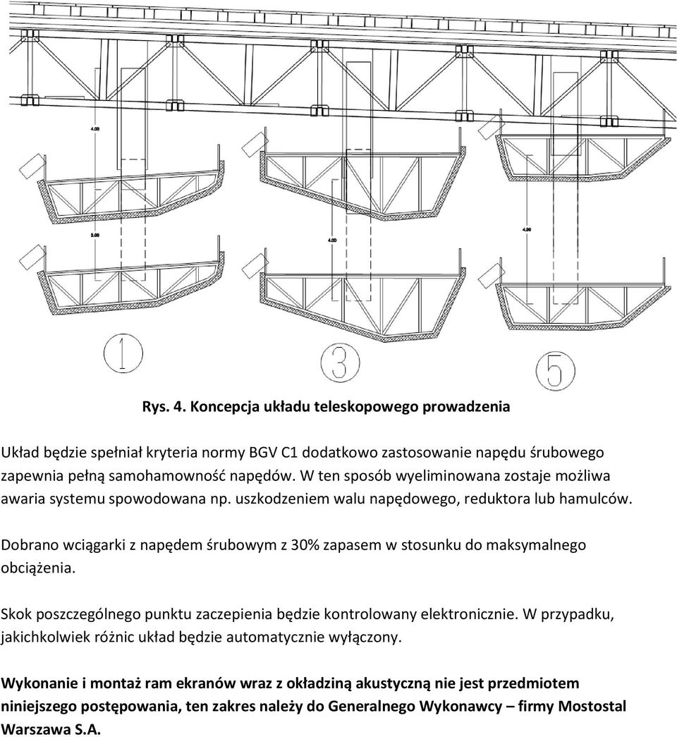 Dobrano wciągarki z napędem śrubowym z 30% zapasem w stosunku do maksymalnego obciążenia. Skok poszczególnego punktu zaczepienia będzie kontrolowany elektronicznie.