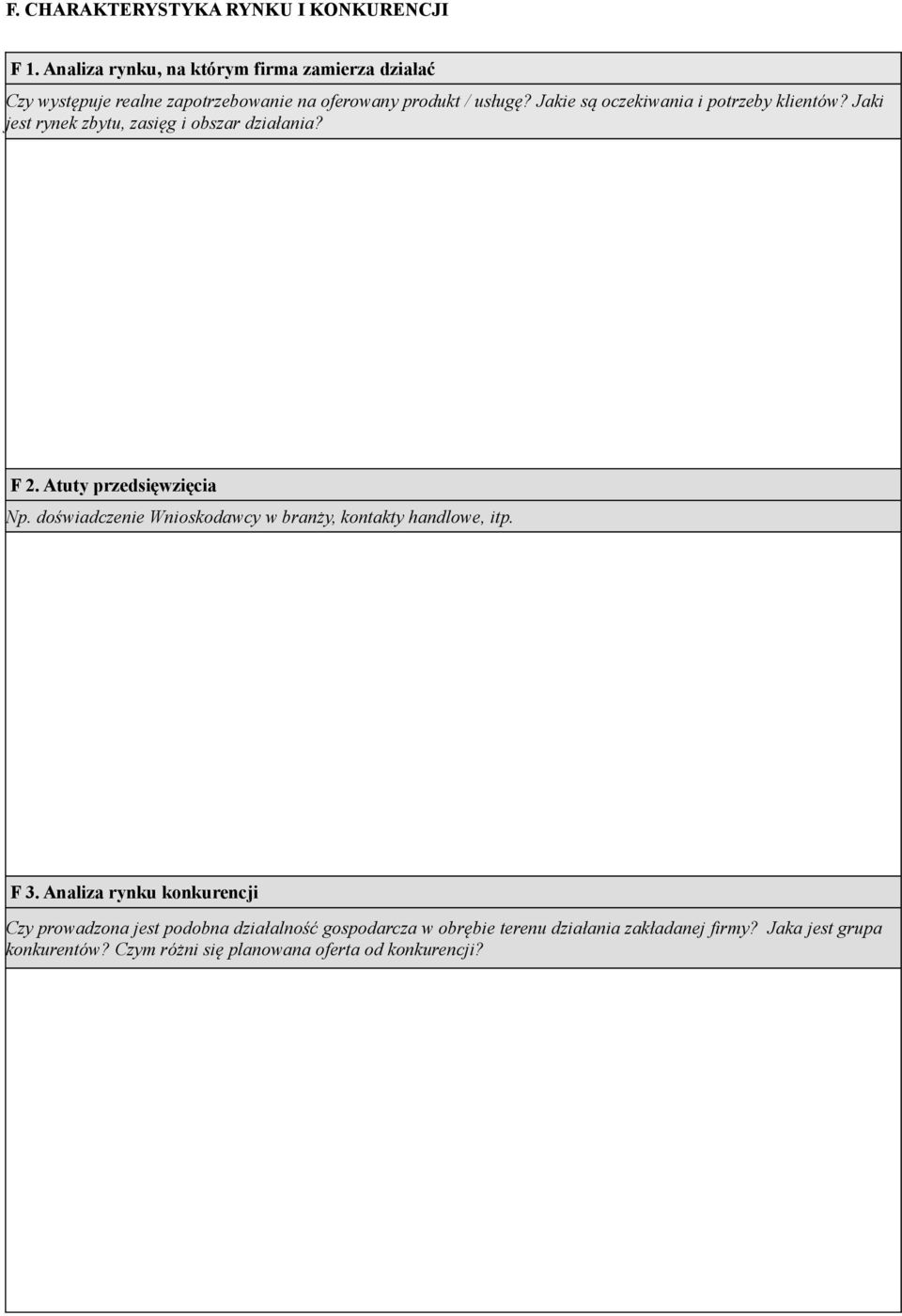 Jakie są oczekiwania i potrzeby klientów? Jaki jest rynek zbytu, zasięg i obszar działania? F 2. Atuty przedsięwzięcia Np.