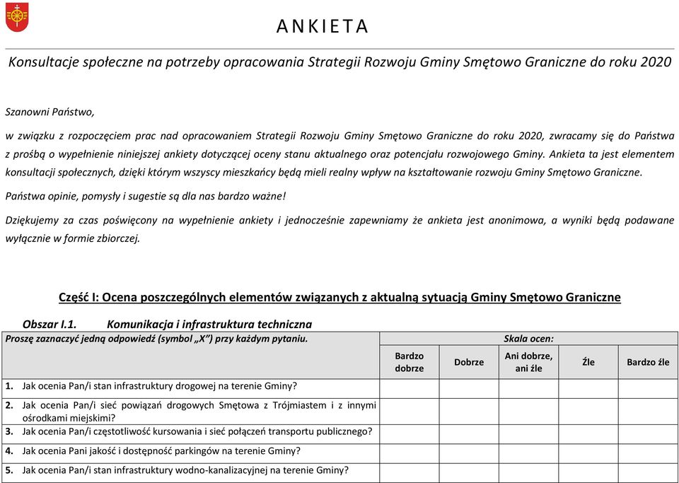 Ankieta ta jest elementem konsultacji społecznych, dzięki którym wszyscy mieszkańcy będą mieli realny wpływ na kształtowanie rozwoju Gminy Smętowo Graniczne.