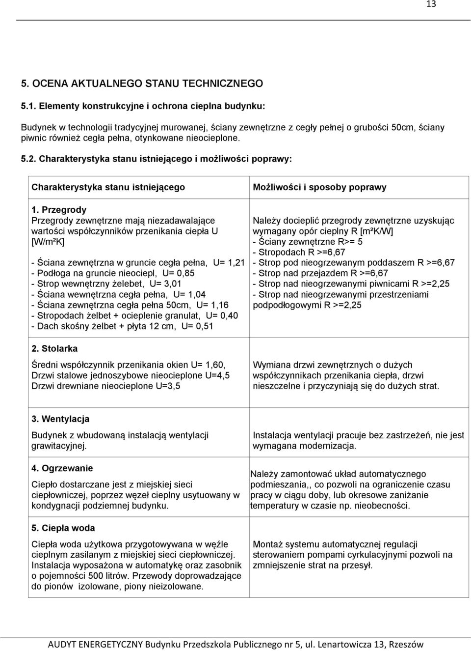 Przegrody Przegrody zewnętrzne mają niezadawalające wartości współczynników przenikania ciepła U [W/m²K] - Ściana zewnętrzna w gruncie cegła pełna, U= 1,21 - Podłoga na gruncie nieociepl, U= 0,85 -