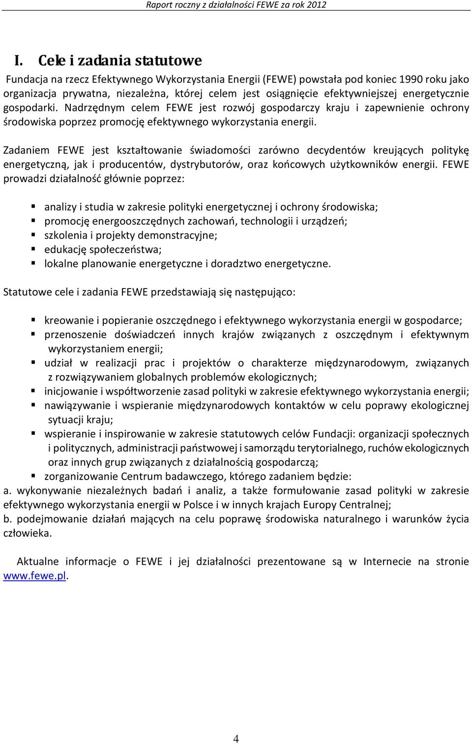 Zadaniem FEWE jest kształtowanie świadomości zarówno decydentów kreujących politykę energetyczną, jak i producentów, dystrybutorów, oraz końcowych użytkowników energii.