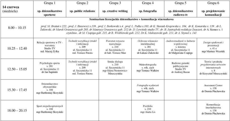 Siemes czytelnia, dr M. Czapiga gab. 215, dr R. Wróblewski gab. 212, Dr K. Maliszewski gab. 211, dr A. Szynol Relacja sportowa w TV - warsztaty red. Maciej Żyłka Warsztat reżysera teatralnego dr hab.