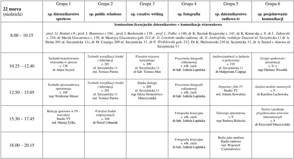 Czapiga 209, dr R. Wróblewski gab. 212, Dr K. Maliszewski 210 ul. Sczytnicka 11, dr A. Szynol s. kinowa ul. Szczytnicka 11 Techniki kształtowania wizerunku w sporcie dr Adam Szynol s.