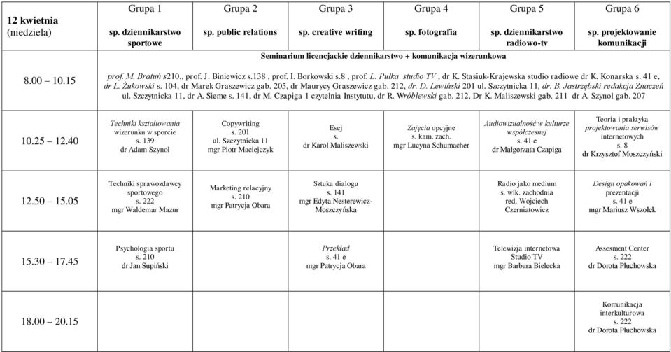 Sieme, dr M. Czapiga 1 czytelnia Instytutu, dr R. Wróblewski gab. 212, Dr K. Maliszewski gab. 211 dr A. Szynol gab. 207 Techniki kształtowania wizerunku w sporcie dr Adam Szynol s. 201 Esej s.