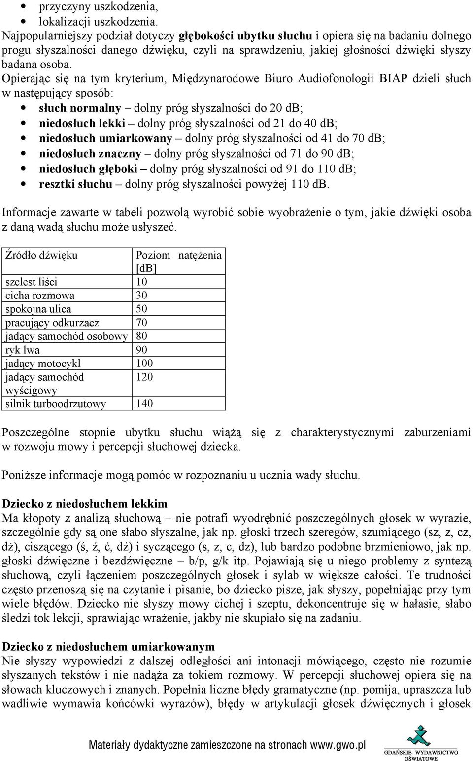 Opierając się na tym kryterium, Międzynarodowe Biuro Audiofonologii BIAP dzieli słuch w następujący sposób: słuch normalny dolny próg słyszalności do 20 db; niedosłuch lekki dolny próg słyszalności