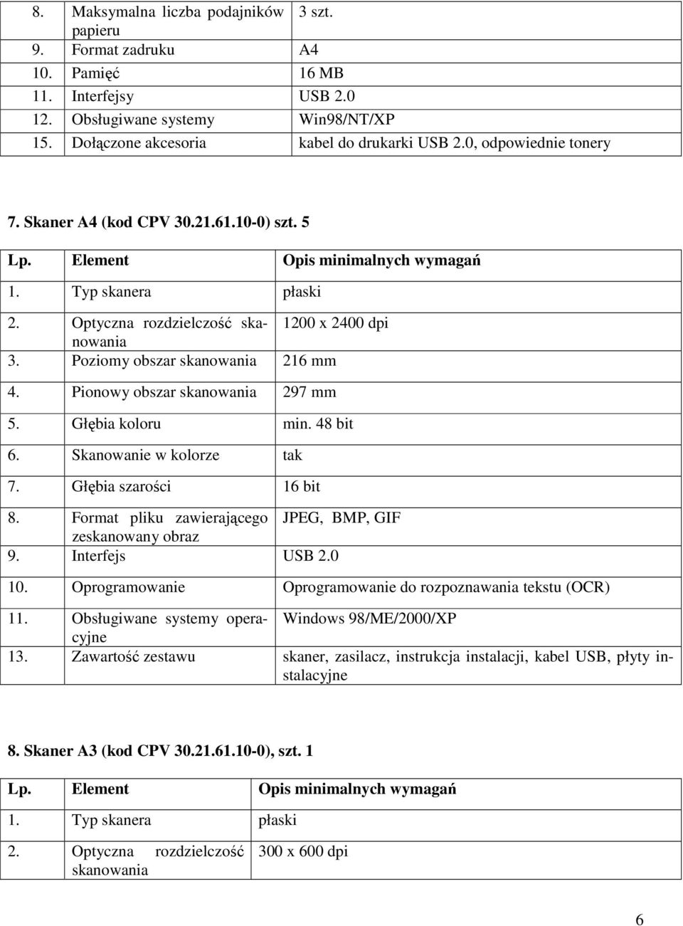 Pionowy obszar skanowania 297 mm 5. Głębia koloru min. 48 bit 6. Skanowanie w kolorze tak 7. Głębia szarości 16 bit 8. Format pliku zawierającego JPEG, BMP, GIF zeskanowany obraz 9. Interfejs USB 2.